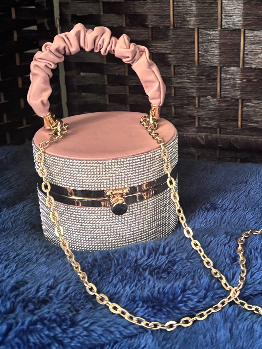 Pink Rhinestone Cylinder Chain Crossbody Bag with Scrunch Handle